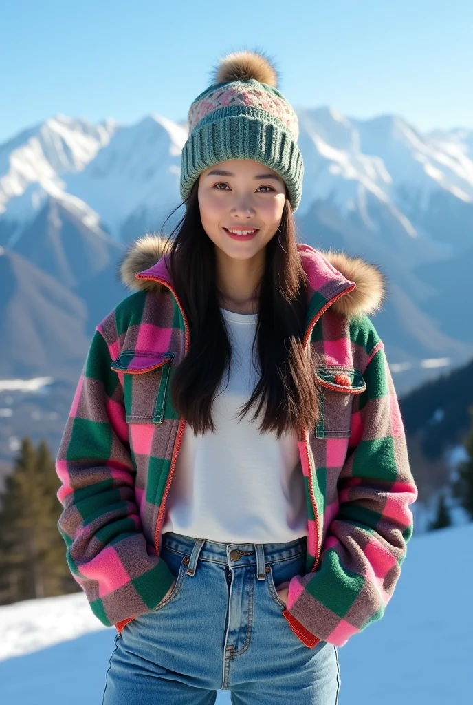 Beautiful Korean woman with clean white skin, wearing a beanie hat, wearing a green pink red checkered shirt, mamaskygibs logo, blue jeans, snow mountain background, original photo