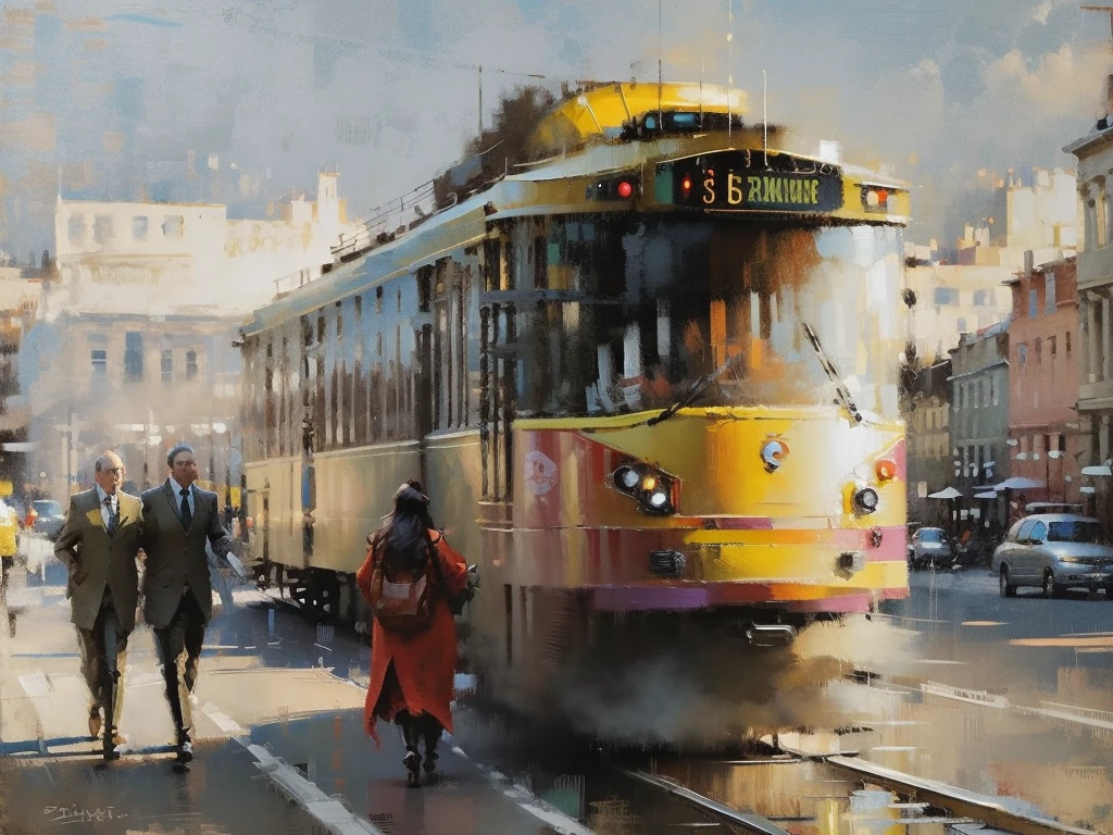 Painting of a tram on a city street with people walking, por Brian Thomas, street tram, in oil painting style, by Gabor Szikszai, by Antonio Rotta, by Félix Ziem, Tram, by Alfredo Volpi, oil digital painting, Direction: Sigmund Freudenberger, Direction: Géza Mészöly,,,,AERIAL VISION