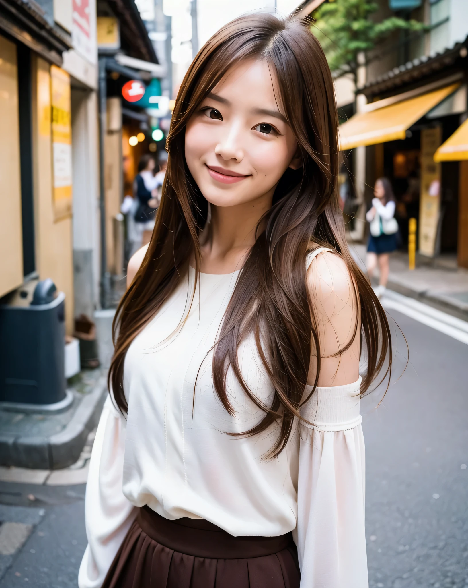 masterpiece, best quality, 1girl, shiny long hair, brown hair, shy smile, upper body, sunlight, street background KYOTO travel Spot In addition to this prompt Generate sexy images that will make men who like AI want to use AI