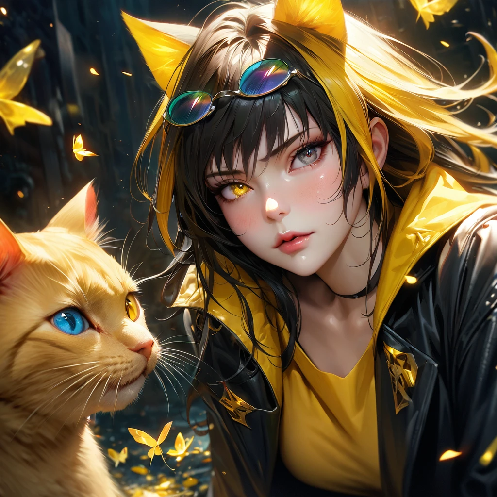 Extremely detailed, high resolution, absurd, HDR, masterpiece, Fushiguro Megumi, Expressive yellow eyes, Jiu Jitsu Kaiba, Black long coat, yellow Ice flowers, petal, Very beautiful, Sexy girl, Solitary, Extremely detailed eyes and face, yellow Ice, yellow Ice sparkling butterflies, yellow T-shirt, Realistic face, sparkling, sparkling eyes, yellow cat, black long hair, yellow hair tail, Colorful Hair, heterochromia, wear round glasses, A pair of cat ears on the head