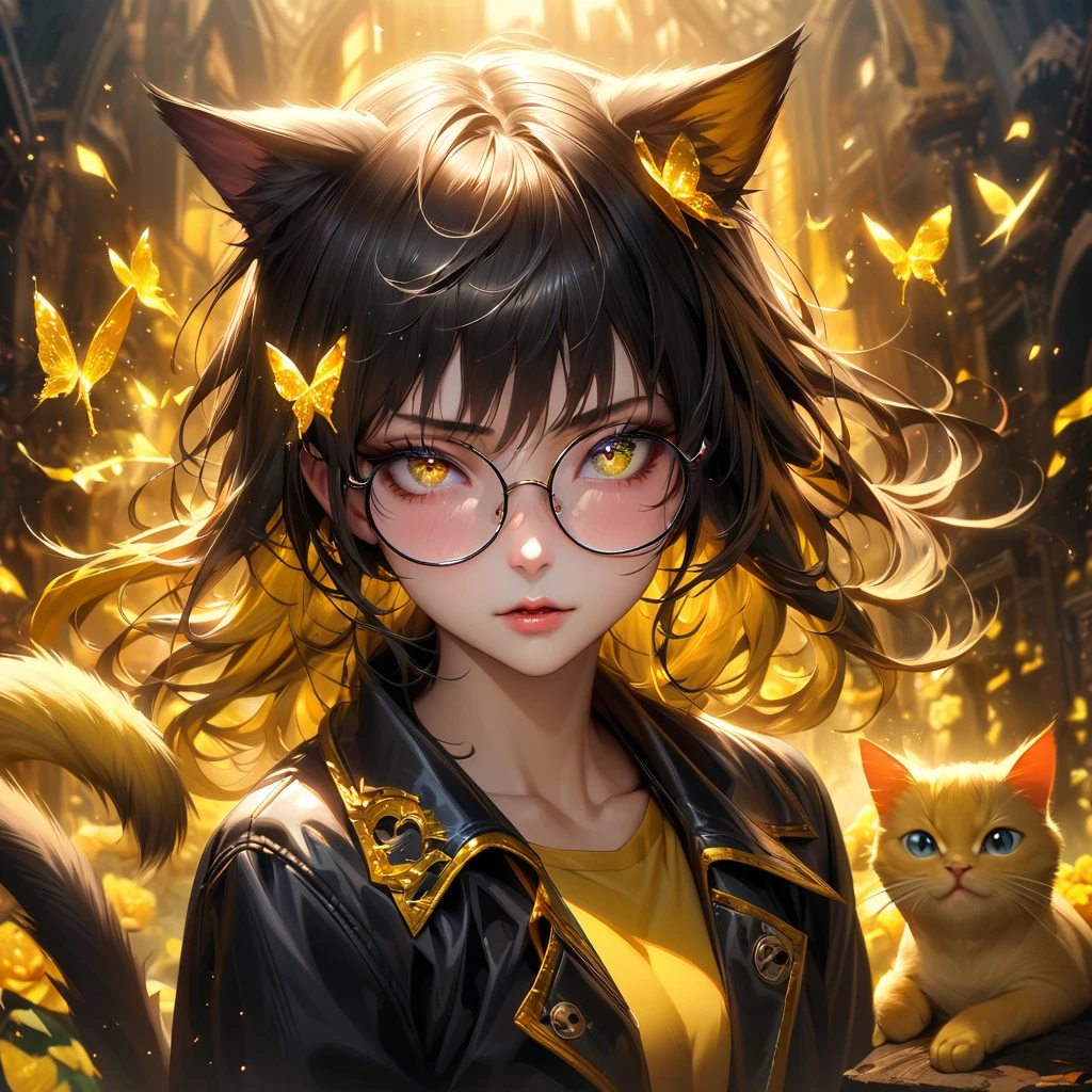 Extremely detailed, high resolution, absurd, HDR, masterpiece, Fushiguro Megumi, Expressive yellow eyes, Jiu Jitsu Kaiba, Black long coat, yellow Ice flowers, petal, Very beautiful, Sexy girl, Solitary, Extremely detailed eyes and face, yellow Ice, yellow Ice sparkling butterflies, yellow T-shirt, Realistic face, sparkling, sparkling eyes, yellow cat,  black long hair, yellow hair tail, Colorful Hair, heterochromia, wear round glasses, A pair of cat ears on the head