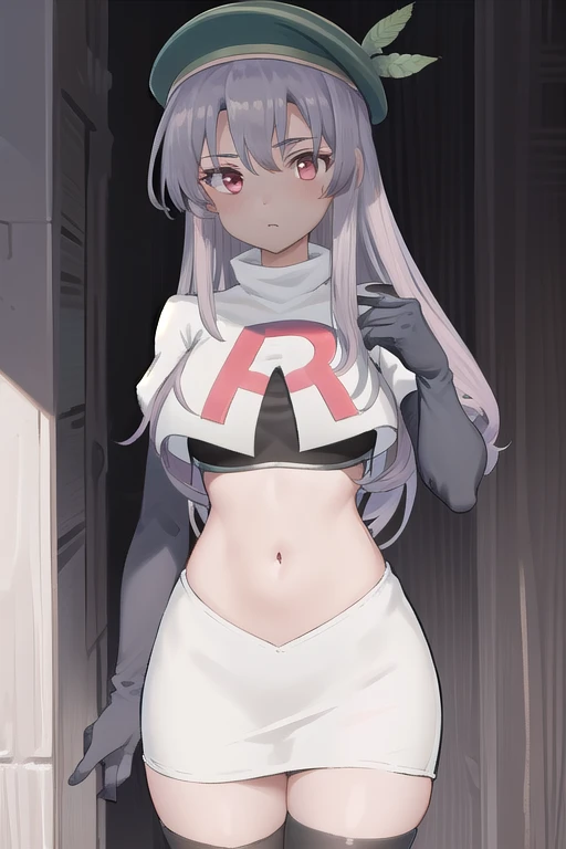 best quality, (masterpiece:1.2), illustration, absurdres,
(1girl, solo), (beautiful detailed girl),
Aeolia, lilac hair, long hair, red eyes, medium breasts,
green hat, hat with feather ornament, team rocket,team rocket uniform,white skirt,red letter R,crop top,black thigh-highs,black elbow gloves
looking at viewer,
