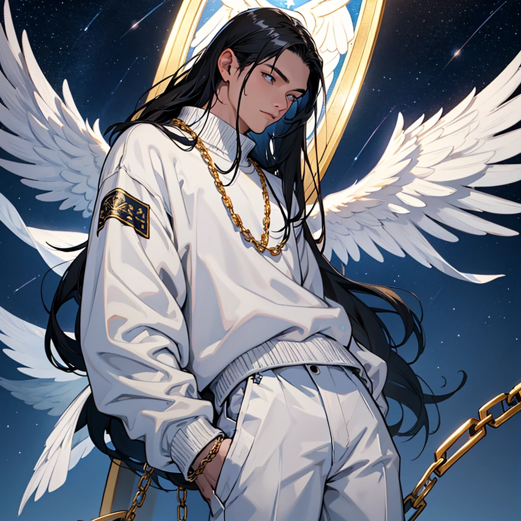 A 20 year old boy with black hair, Light blue eyes with a white tone and a serious look, long grey pants, white long sleeved sweater, a cross chain three gold rings, Angel wings, STARS BACKGROUND 
