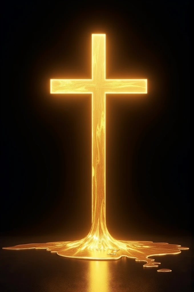 Golden cross melting, with black background and 2D shadows