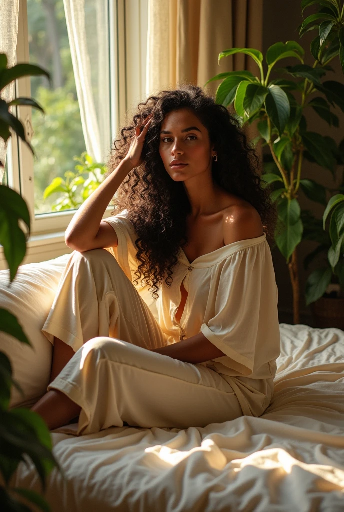 (photorealism:1.2), beautiful woman, sitting on bed, wearing loose off-shoulder top, pajama pants, long curly hair, indoors, soft lighting, plants in background, window with sunlight, cozy room, relaxed pose, realistic, intricate details, warm colors, by Greg Rutkowski, by Alphonse Mucha