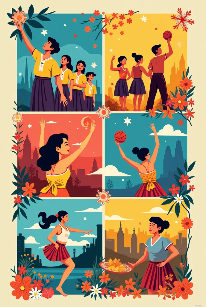 poster art about philippines with earth circle LIKE POSTER MAKING with four divides and one is alumni and one is intrams and one is traditional of philippines not like that more good not that SPORTS using pastel colors make it more real