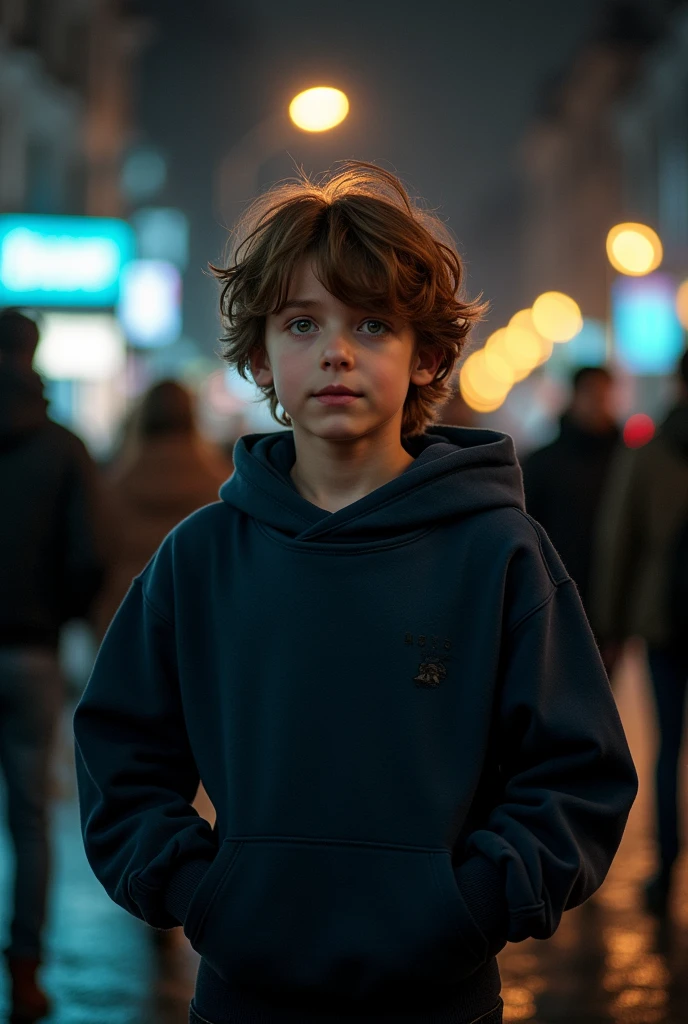 A realistic image. A boy with messy brown hair and dark green eyes was in the middle of a crowd, it was night and there were few people on the street. He was wearing a dark blue sweatshirt and his hands were in his pockets to protect himself from the cold.