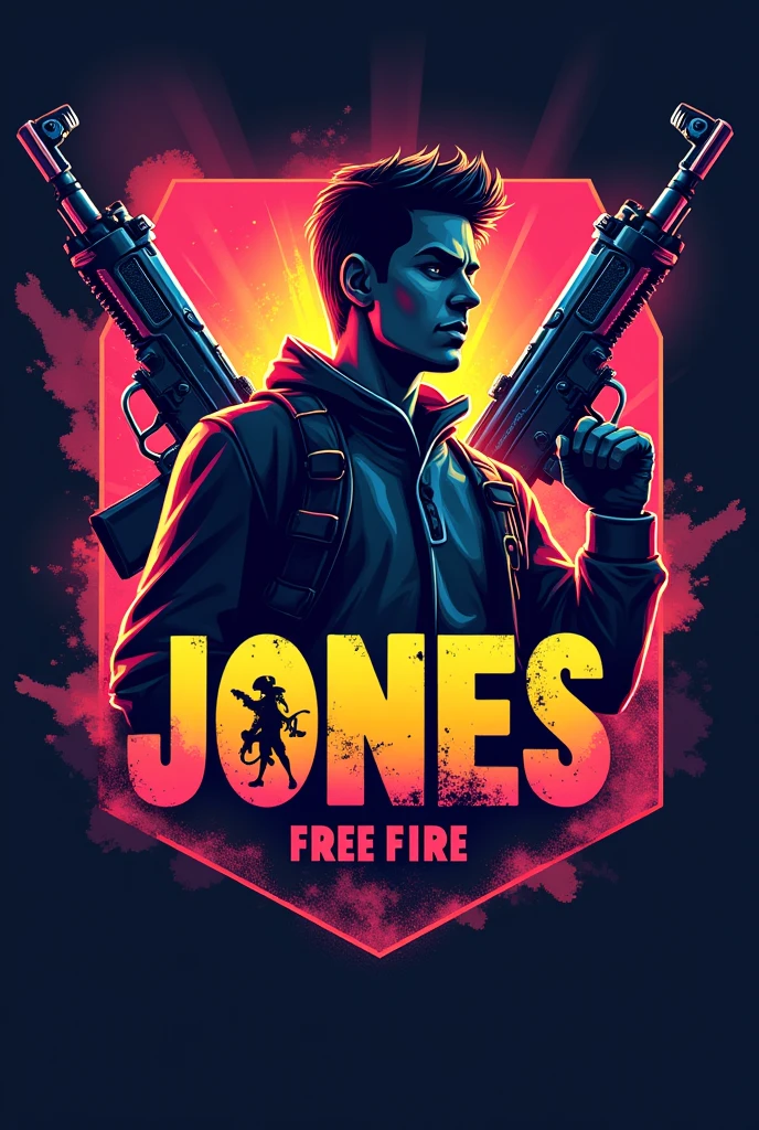 Make a logo for my channel related to the mobile game called free fire in the most modern way and make it beautiful. The name of the logo is called JONES, put a character from Free fire and two mp40s in the background.