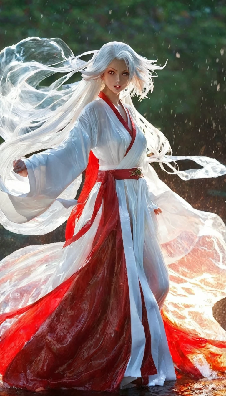 Pokemon,Fighting Stance,,Fox Banshee,Streamlined figure,Red eyes,Moist hair, Female lips,, Female lips, oiled, Wet mouth,,Full figure,Slim waist,Loose fitting robe,Backlight、Backlight。