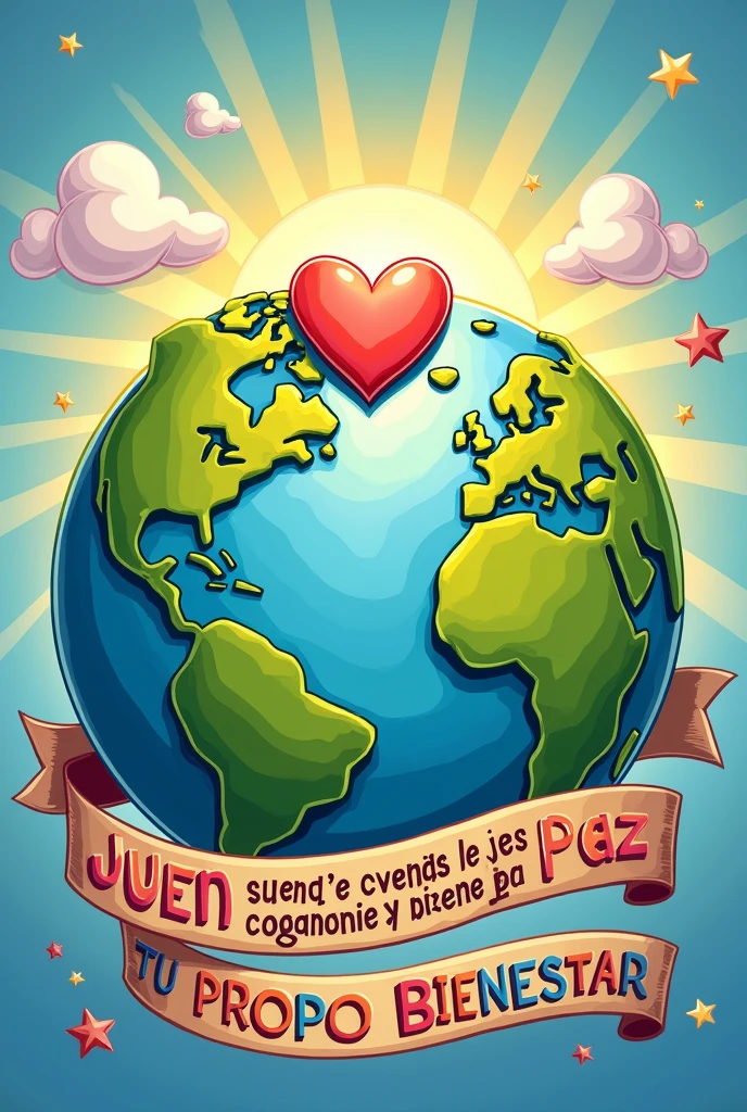 Draw a planet Earth with a heart in the center and around the planet Earth a slogan that literally describes the following phrase in Spanish: Young man, when you are at peace with yourself, you generate your own well-being.. All drawing must be in caricature
