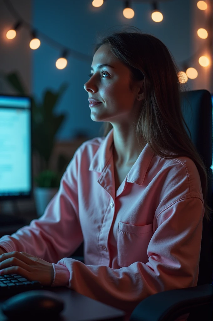 A watching her dreams in a computer wearing pajama with her friends 