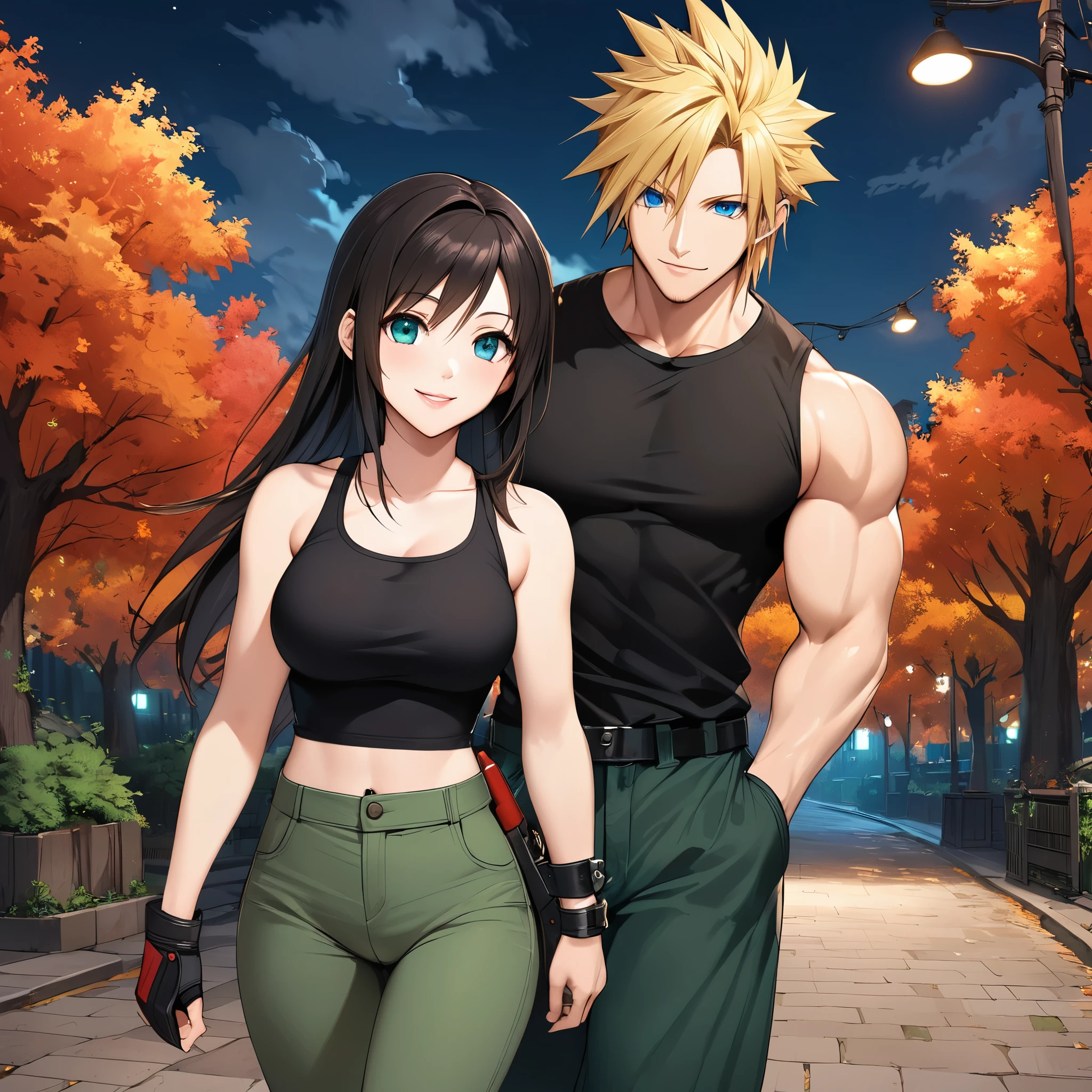 A man and a woman walking through the park at night, standing, autumn trees in place, (Man, Cloud_Strife, Final_fantasy_VII, wearing a casual black sleeveless shirt, muscular, blonde hair spiked, blue eyes, smiling, moss green pants , perfect face, perfect eyes), (a woman, Tifa_Lockhart, Final_fantasy_VII wearing tight black shirt, black skirt, exposed abdomen, straight black hair, long hair, red eyes, smiling, black shoes, exposed thigh, big breasts, perfect lips, face perfect), (just a man and woman couple)
