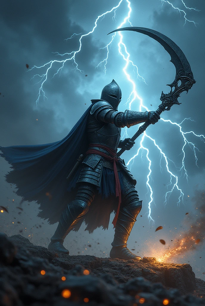masterpiece、Highest quality、Very detailed、Ultra-high resolution、Reaper's Scythe、middle ages、knight、swing、Crash、Lightning strikes、Aura of Light
