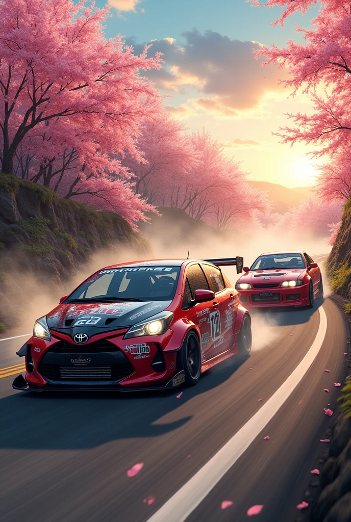 Make Takumi from initial D with a 2008 Toyota Yaris hatchback Drifting a Nissan R32 next to it
