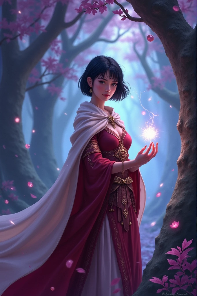 A young mage with short black hair, has clothes in wine and white colors