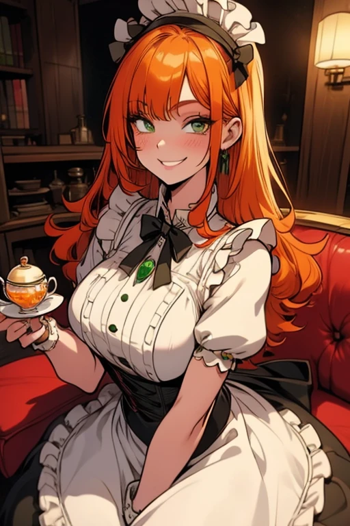 Perfect face. perfect hands. A red haired woman with red eyes and an hourglass figure is setting the tables in a fancy cafe with a big smile