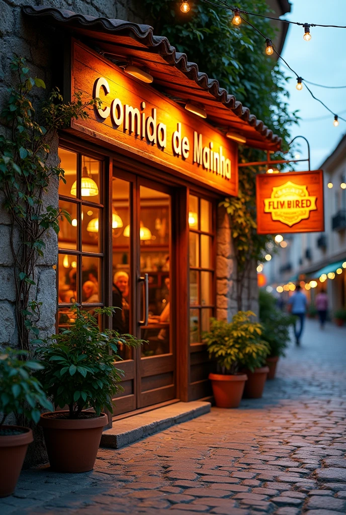 create an image of a restaurant with a sign saying "Comida de Mainha"