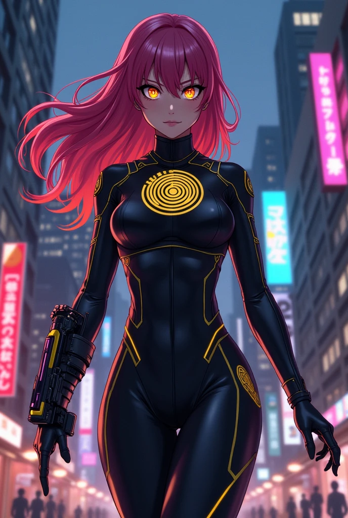 Make me a superhero whose suit is black, with a spiral emblem, on his chest, with yellow details and has a high-tech device on his left forearm, that has a rearview mirror in its eyes and in anime version , that her suit looks futuristic and her hair is visible