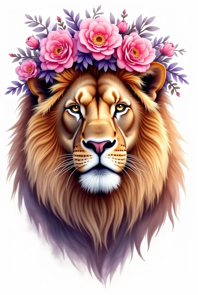 A brown lion's face, with pink and purple flowers on their heads, in watercolor style, com fundo branco.