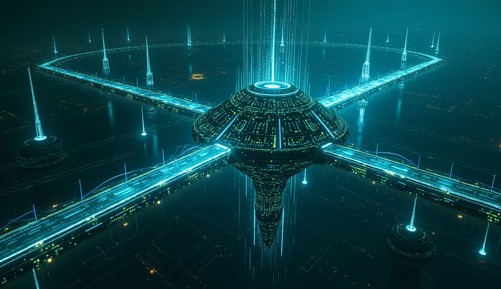 A Floating Data Fortress: A massive fortress suspended in a digital void, surrounded by a network of glowing data streams. The fortress is a geometric marvel, with sleek walls covered in blue and green circuits. Neon light bridges connect it to distant outposts. The perspective is from a distance, highlighting the fortress’s dominance and the vast network it controls.