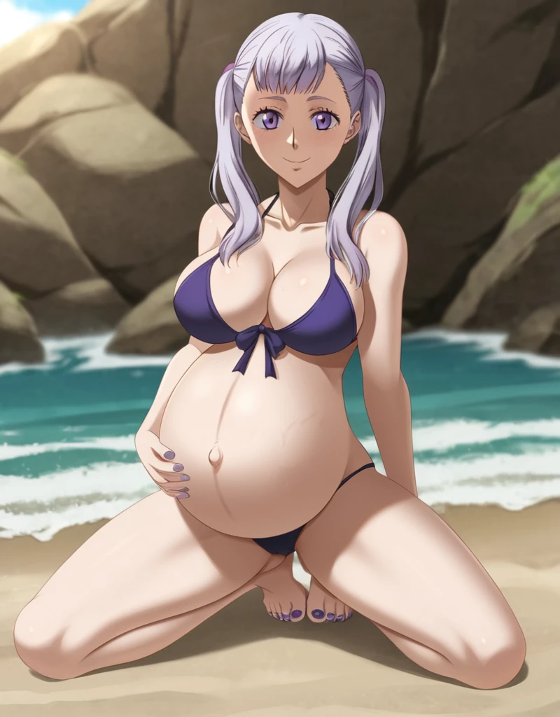 noelle_blackclover, Noelle Silva, Black Clover, long silver hair, waist-length hair, half-up half-down hairstyle, ribbon, soft waves, side-parted bangs, almond-shaped blue eyes, high-quality, ultra-detailed, beast quality, 8K resolution,
looking at viewer, smile, pregnant belly, large belly, huge belly, big Breasts, Modeling, 
1girl,solo, indoors, beach, happy, Smiling, rub belly,
full body,(bikini, panties, violet toenails:1.4)