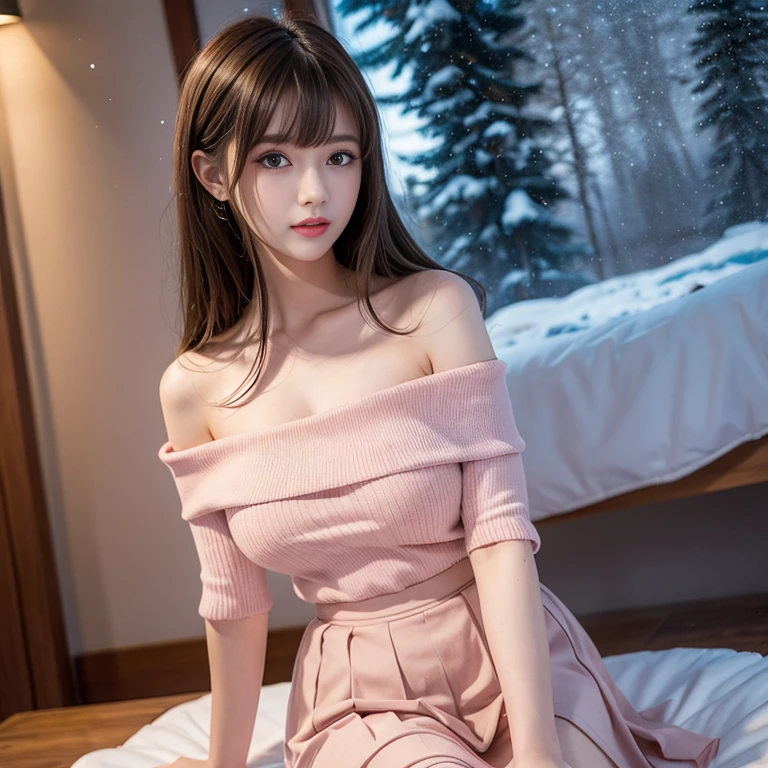 long skirt, pink skirt, (knee shot), 1 woman, On the face, light brown hair, blunt bangs, hair behind ears, Hair over the shoulders, long hair, Slender body type, Super thin face, face slimming, delicate lips, beautiful eyes, Thin blush, Eyes are light brown,Check it out here, (realistic:1.3), There is a coniferous forest with heavy snow., It's snowing .One person's perspective, 8k, On the table, , Super detailed, high quality, best quality, High resolution, ,Large Breasts,H CUP, off -shoulder top