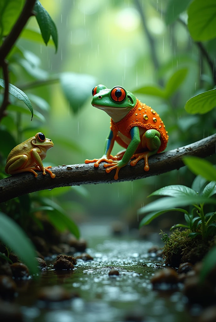 tropical rain forest,Light rain,Morning dew sparkles,On a distant branch there is a tree frog wearing an orange Chinese suit.,A stream flows beneath the branches,A fat tree frog playing the biwa,The frog is on a branch of a distant tree.,Ultra-realistic,high resolution,Twig delicately,Plants delicately,