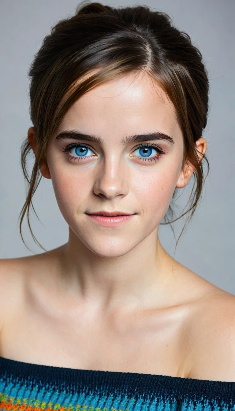 an eye contact of a brunette with hair in a bun, blue colored eyes, ((Emma watson)) 18 years old, flirting with the camera, necklase, Off The Shoulder, colorful sweater, topless