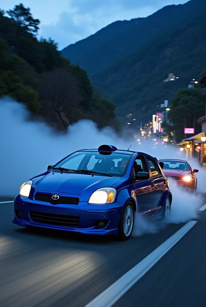 Make Takumi from initial D with a 2008 Toyota Yaris hatchback Drifting a Nissan R32 next to it