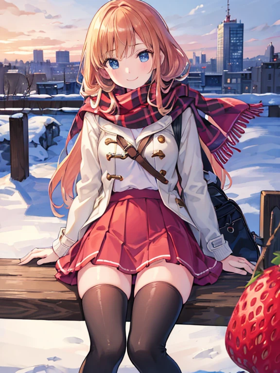 (Highest quality), (masterpiece), (Ultra-high resolution), whole body, One  Woman, A big smile, Strawberry Blonde, long, mini skirt, Knee-high socks, Duffle coat , Winter scarf, City, winter, ((It&#39;s snowing)), (illumination), ((Night view))