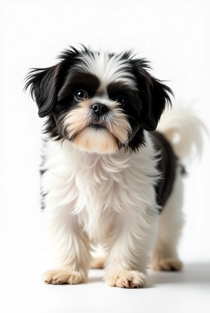 (8k, CRU photo, highest quality) (((full body shot:1.3))), small breed dog, Shih Tzu, with fur in deep black and white colors. The entire body of the dog must be fully visible within the frame, with no parts cut off. Background must be completely white, like a studio backdrop, with no shadows, distractions, or details, just a plain white surface. (((dynamic pose:1.3))), ((movement pose:1.2))), soft lighting, cinematic lighting, realistic fur, ((pores)), ((high detail fur)), light volumetric, hyper-realistic, vivid details, clear as crystal, 8K UHD, ultra photo realism, best quality, work of art, extremely detailed CG, unity, wallpapers (realistic, photorealistic:1.37), shining, fine-details, correct body structure. Shot with a camera lens at f/22 aperture to ensure maximum depth of field, keeping the entire scene 100% sharp, fully in focus, with all details crisply defined.