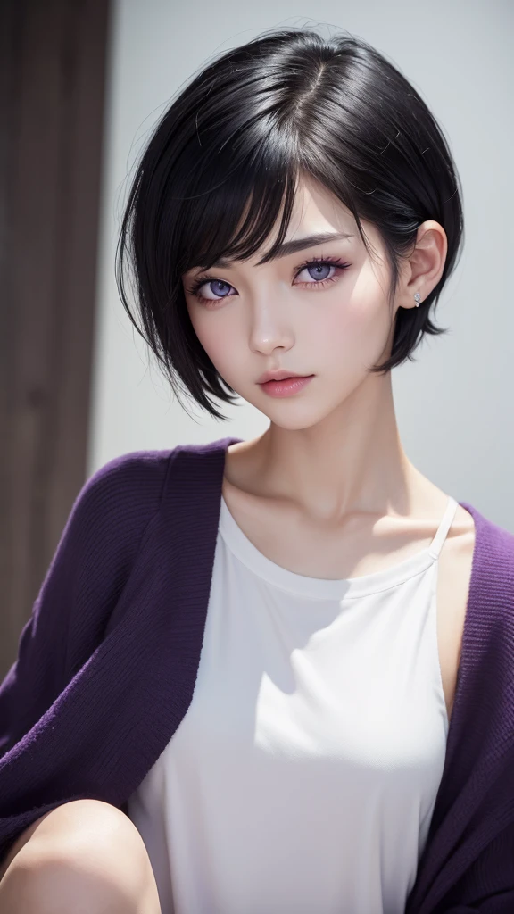 , Short black hair, Purple eyes, Sharp features, White skin