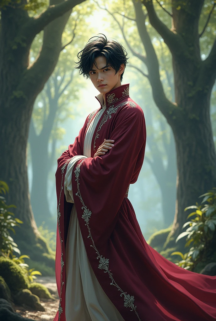 A young RPG-style mage with short black hair, has clothes in wine and white colors