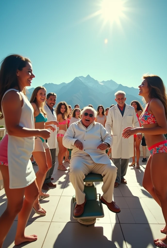 An old doctor in a white coat standing on a dentist's chair and several young girls in bikinis around him with glasses of beer in their hands dancing happily on a terrace in a city in the Andes