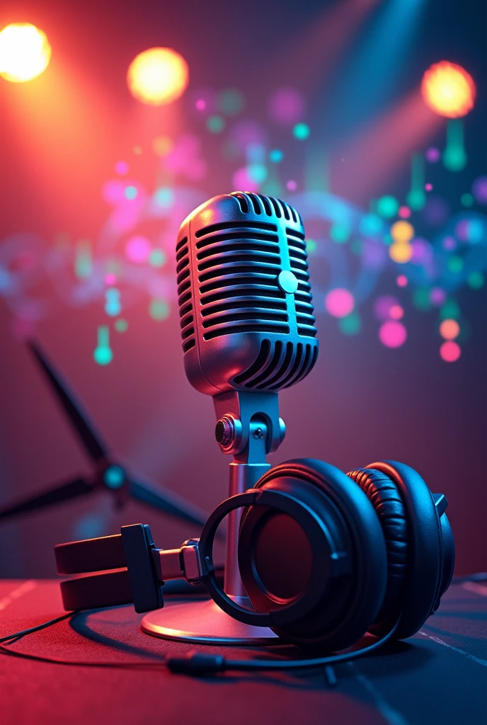 Make me a musical jingle art with a picture of a microphone and a headphone and scissors
