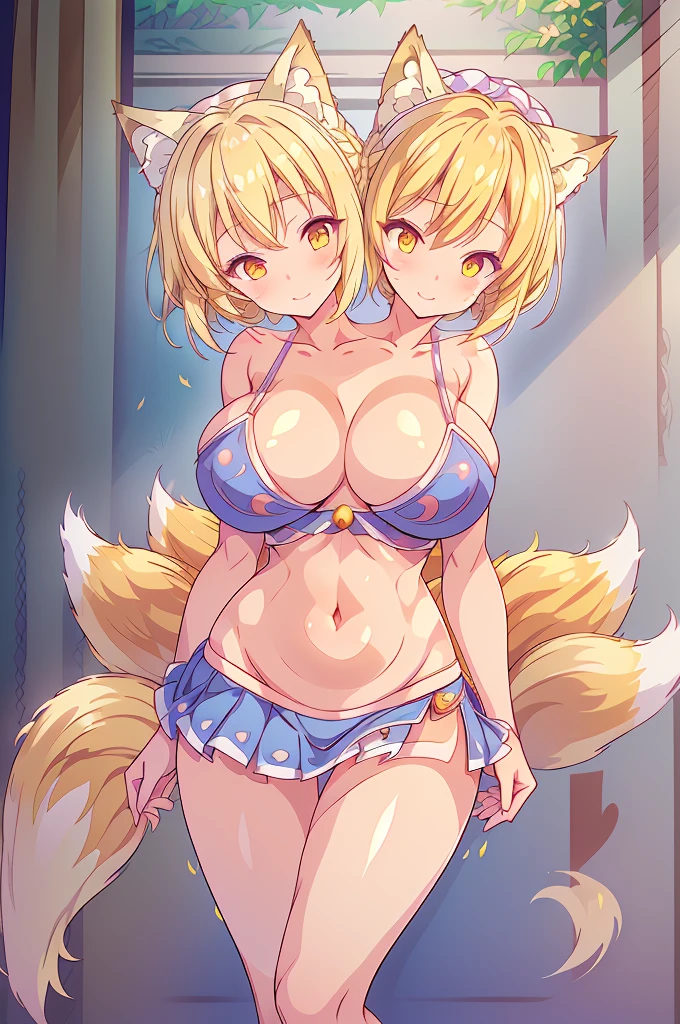 (masterpiece, best quality), best quality, (ultra-detailed), ((3heads:1.5)), 1girl, (yakumo ran:1.3), masterpiece, best quality, ultra quality, ultra resolution, ultra detail, blue top, crop top, ((stomach)), midriff, ((groin)), blue skirt, normal ears, shackles, blonde hair, short hair, bob cut hair, sidelocks, yellow eyes, detailed eyes, parted lips, hand on hips, smiling, cute smile, soft smile, cute, toned belly, hand on own chest, eyelashes, (25 year old woman:1.3), (masterpiece:1.5), (best quality:1.5), (beautiful detailed), extremely detailed CG, extremely delicate and beautiful, depth of field, (finely detailed face), (perfect details:1.2), (mature female:1.3), wide pelvis, slender, large veiny breast, 16k resolution, highres, high quality, high definition, extremely detailed, masterpiece, blonde hair, long hair, alluring presence, braid, short skirt, close up, very big tits, huge breasts, young, bob cut, short hair, fox ears, fox girl, fox tail, kitsune, multiple tails, frilled hat, hat, girl with three heads, three headed girl,