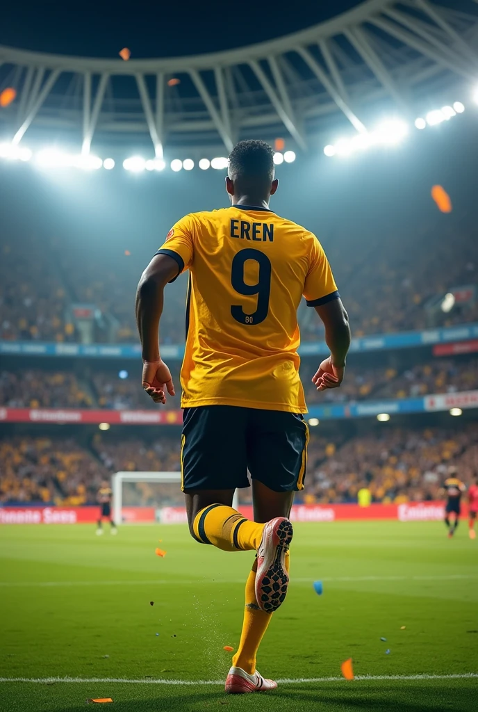 Make a black soccer player celebrating a goal by running and showing his name on his shirt with the number 9 whose name is Eren