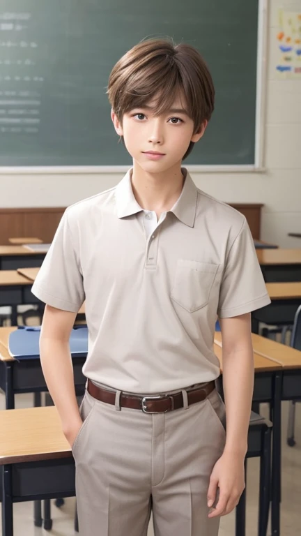 Highest quality、Realistic、、Japanese、zoom、man、neutral、Middle school students、cute、classroom、Grey Eyes、Light brown hair、short hair、White short-sleeved open-collar shirt、Grey slacks、thin、Cowboy Shot