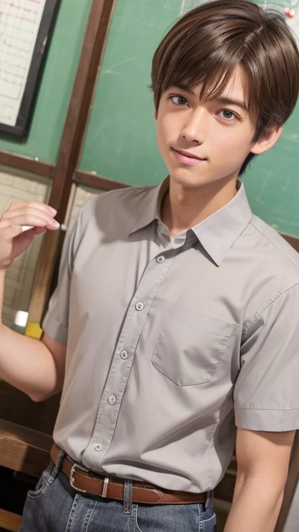 Highest quality、Realistic、、Japanese、zoom、man、neutral、、cute、classroom、Grey Eyes、Light brown hair、short hair、White short-sleeved open-collar shirt、Grey slacks、thin、Cowboy Shot