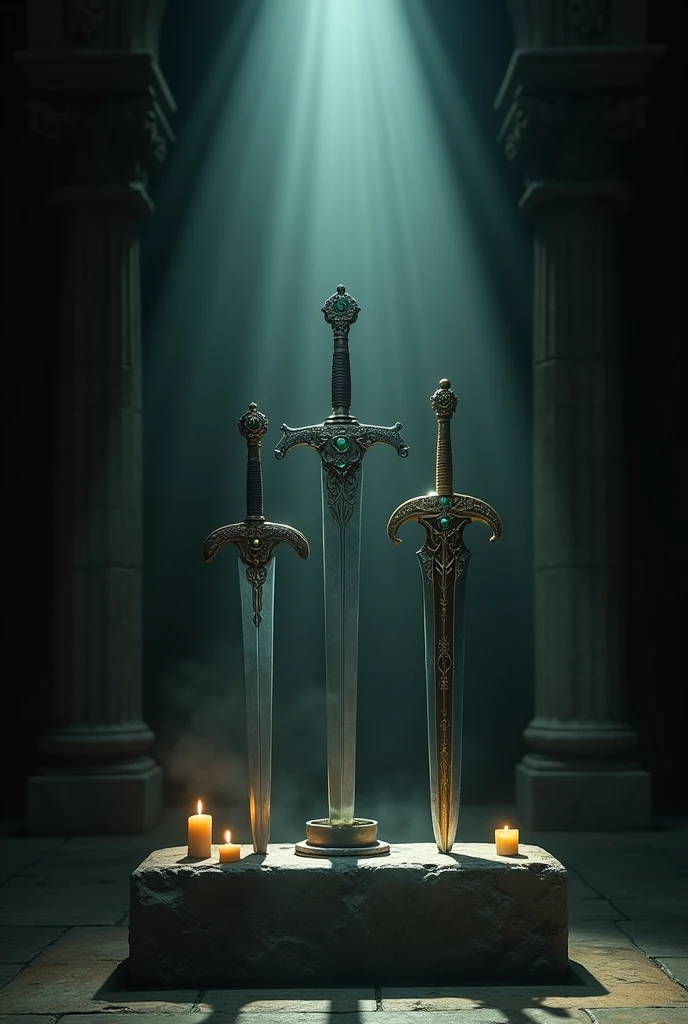 Inside a place there is an altar where everything around it was dark but where the swords were resting it was as light as day., where three swords of different appearances were placed, but there were only two swords left, the third was missing, and his rest was on display, make the image photo realistic.