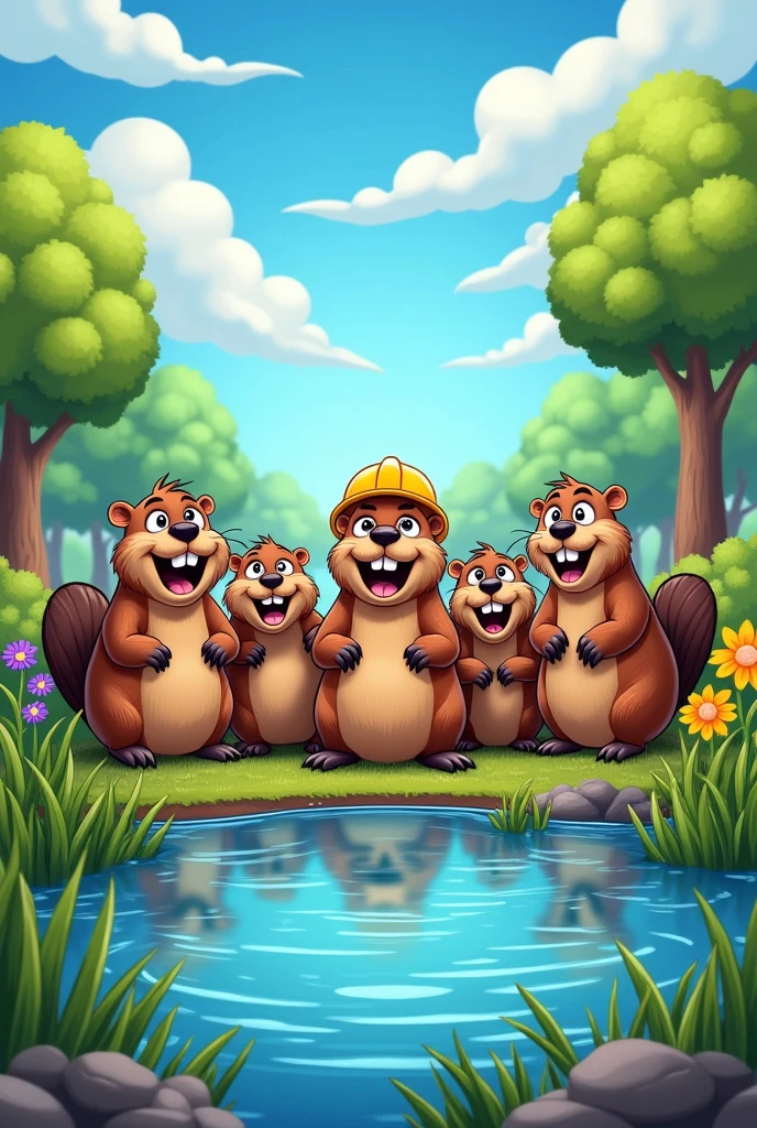 Draw a group of beavers stopping work in cartoon style like drawing