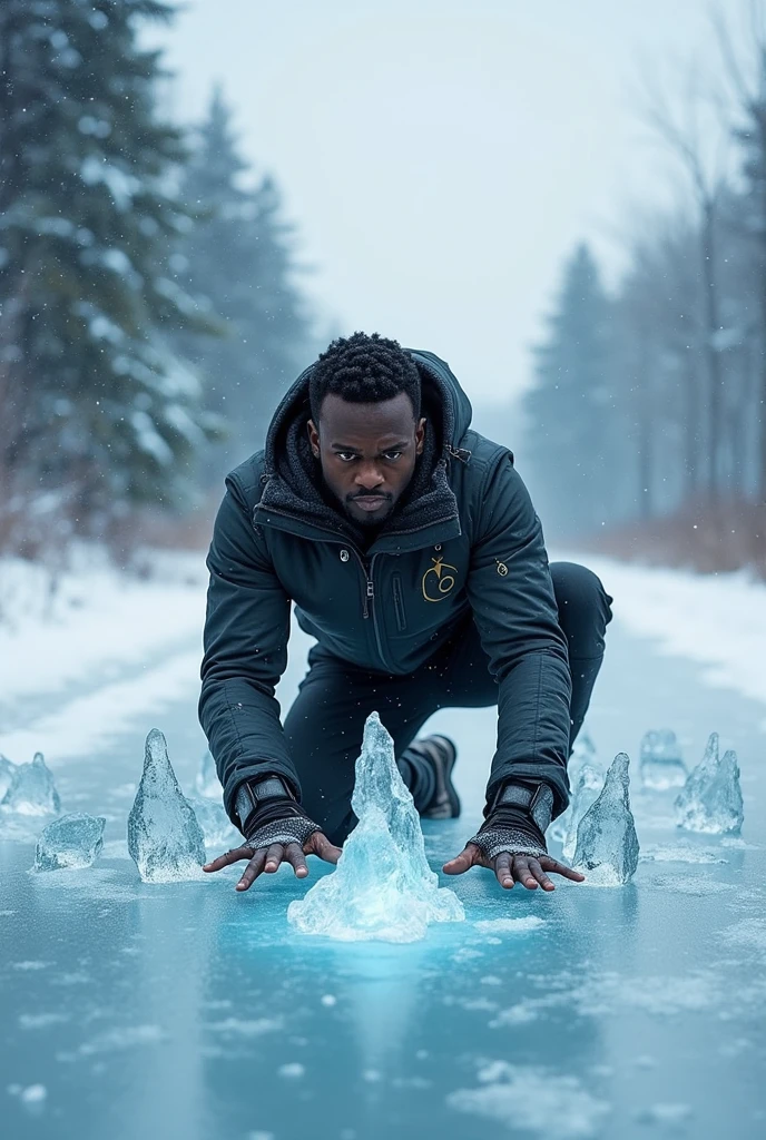 Black man ice power. Freezing ground with hands touching floor