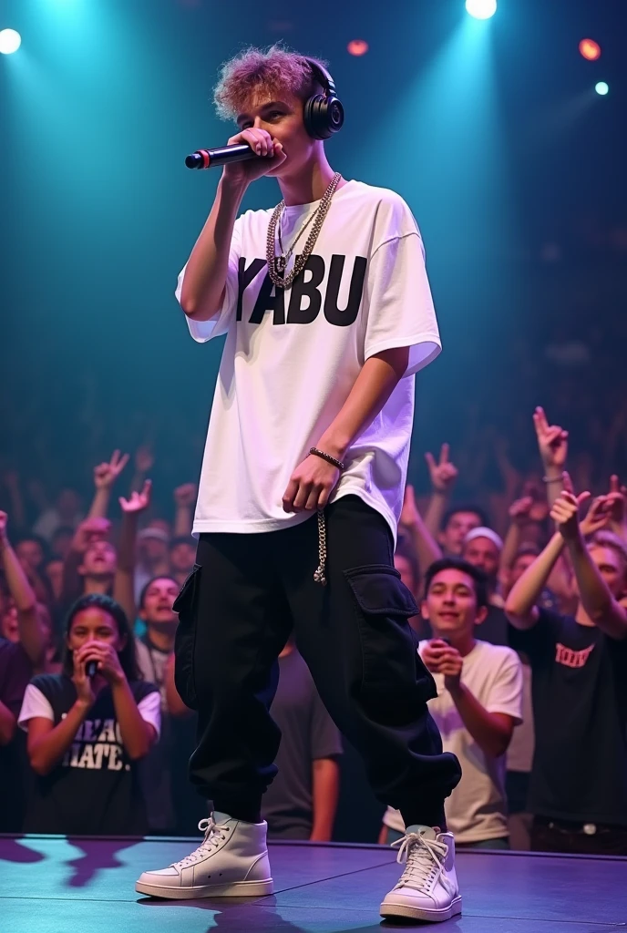 Here's a detailed prompt you can copy and paste into an AI image generation tool to generate the same image with the hair change you requested:
---
**Prompt:**
"A 17-year-old handsome white boy rapper is performing on stage. He is wearing a long white hip-hop T-shirt with 'YABU' written on it, black cargo pants, and OG sneakers. He has a stylish chain around his neck and headphones around his neck. His hair is short with a small slope cut, and he is holding a microphone in one hand, performing confidently. The background features an audience watching him, with a brightly lit stage that highlights his presence. The scene captures the energy of a live performance."
---
Using this prompt in an AI image generator should create an image similar to the one you uploaded but with the shorter, sloped haircut.