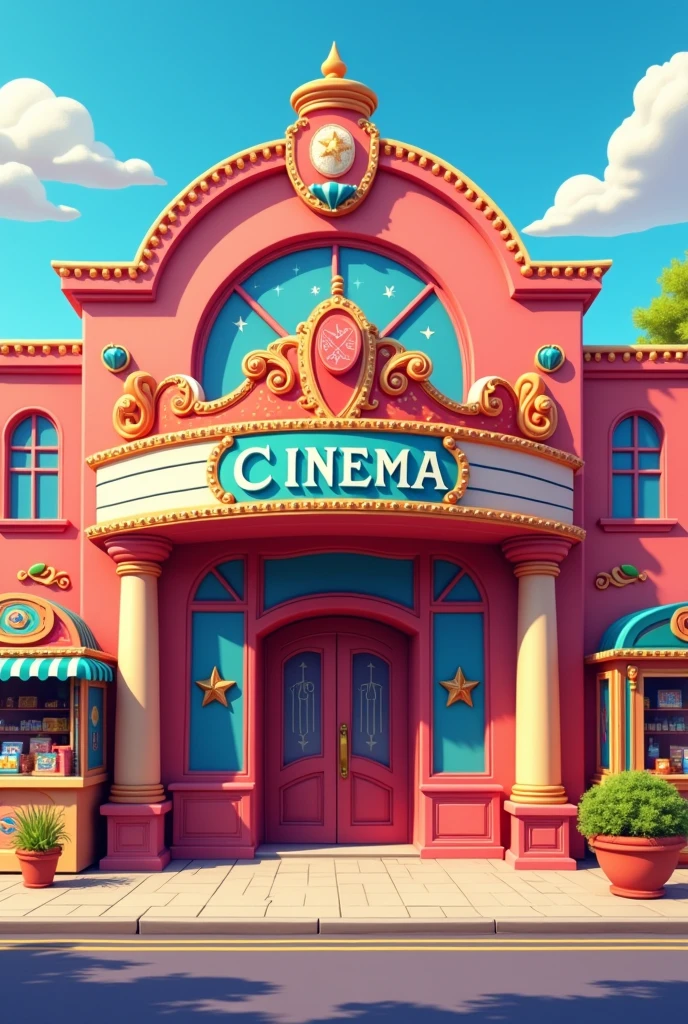 make the outside of a cinema. that it is called MAGIC CINEMA that it is cartoonish, that only the front part is visible. Let nothing cover it, that has the entrance in the middle, the ticket office where they sell the tickets on the right side, and the food on the left side, that are in the shape of a window, that is cute and eye-catching, that is elegant and with a high or striking structure