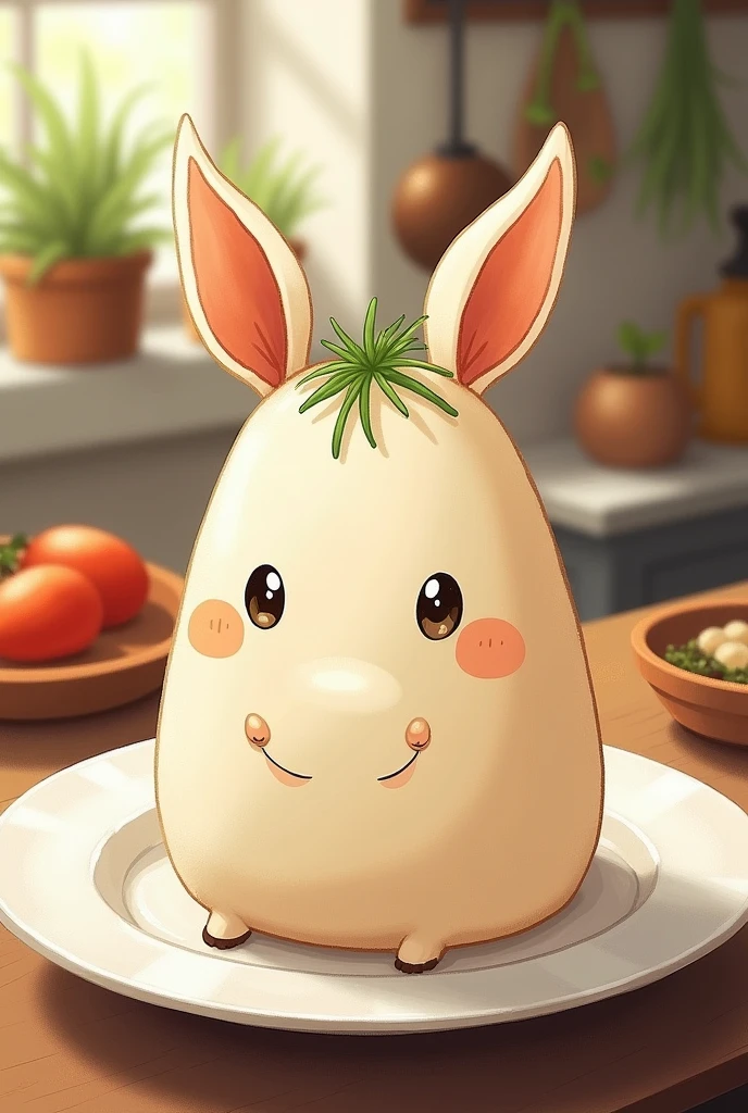 Simple illustration、Horse ears growing out of tofu on a plate