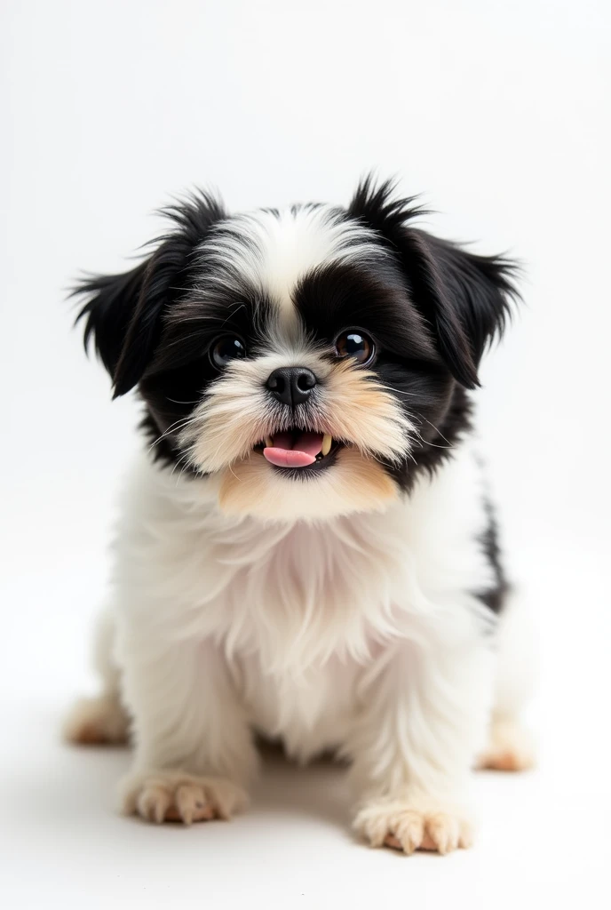 (8k, CRU photo, highest quality) (((full body shot:1.3))), small breed dog, Shih Tzu, with fur in deep black and white colors. The entire body of the dog must be fully visible within the frame, with no parts cut off. The dog should have one crooked canine tooth that is slightly visible. Background must be completely white, like a studio backdrop, with no shadows, distractions, or details, just a plain white surface. (((dynamic pose:1.3))), ((movement pose:1.2))), soft lighting, cinematic lighting, realistic fur, ((pores)), ((high detail fur)), light volumetric, hyper-realistic, vivid details, clear as crystal, 8K UHD, ultra photo realism, best quality, work of art, extremely detailed CG, unity, wallpapers (realistic, photorealistic:1.37), shining, fine-details, correct body structure. Shot with a camera lens at f/22 aperture to ensure maximum depth of field, keeping the entire scene 100% sharp, fully in focus, with all details crisply defined.