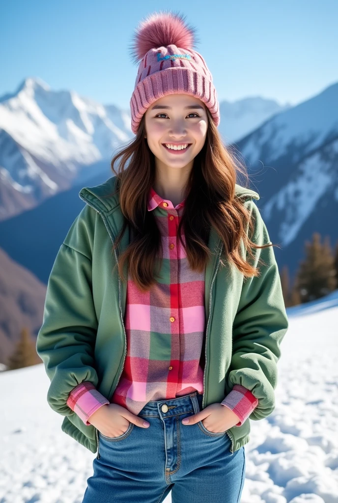 Beautiful Korean woman with clean white skin, wearing a beanie hat, wearing a green pink red checkered shirt, mamaskygibs logo, blue jeans, snow mountain background, original photo