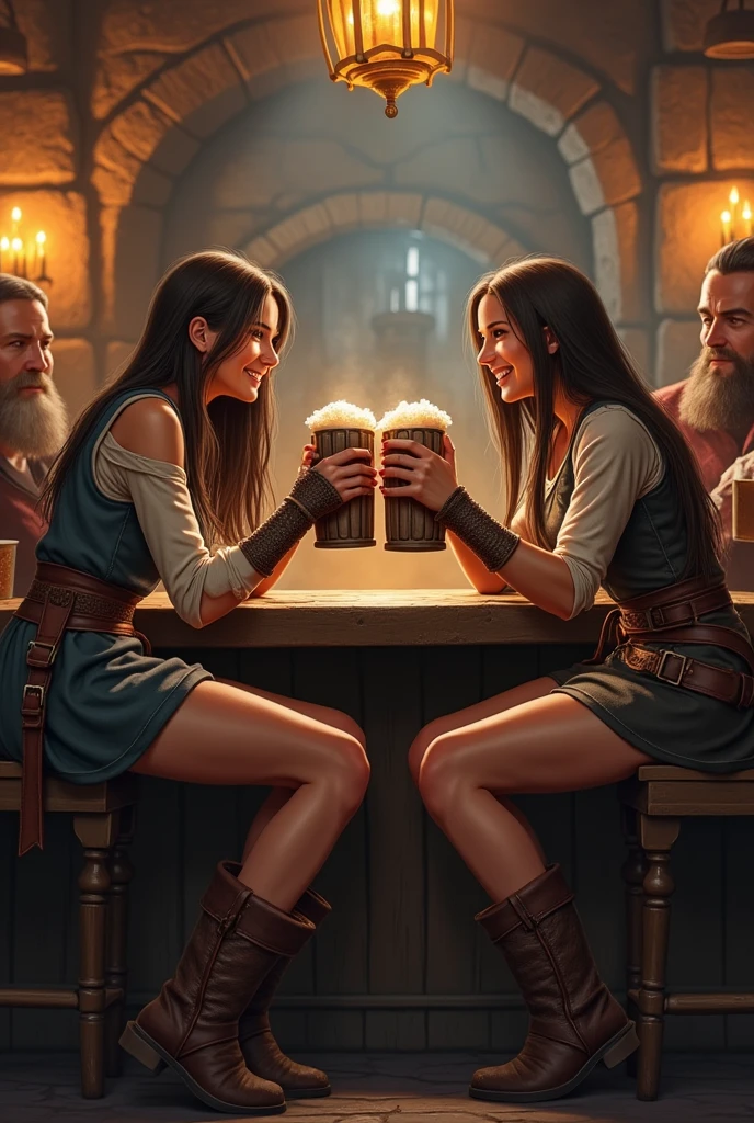 uma taberna medieval, Two girls, archers, drinking near the counter, kissing medieval style wooden mugs, skirt short, roupas de archers da floresta, animal skin boots, layer, Long, straight hair