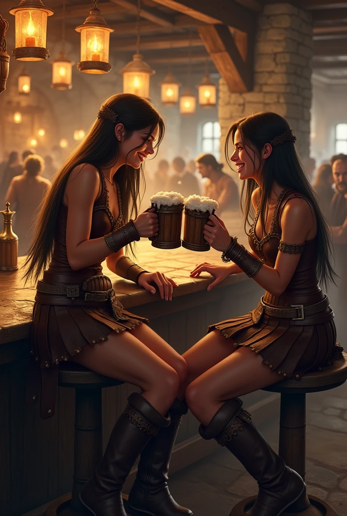 uma taberna medieval, Two girls, archers, drinking near the counter, kissing medieval style wooden mugs, skirt short, roupas de archers da floresta, animal skin boots, layer, Long, straight hair