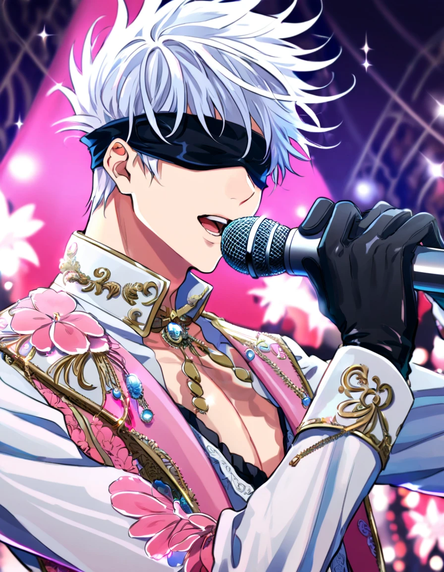 Ultra detailed, Highres, absurdres, HDR, master piece, Gojou Satoru, white hair, black blindfold, covered eyes, blindfolded eyes, Jujutsu Kaisen, sexy man holding a microphone, solo, idol, white idol clothes with trimmings, pink magical glass, pink petals, glittering, black gloves, pink flowers, sensual, magic, fantasy, love, idol stage, concert